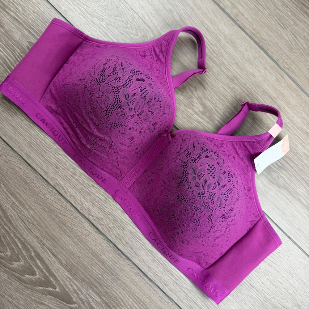 Cacique Womens Bra Lightly Lined No-Wire Lace Logo Band Purple 52D